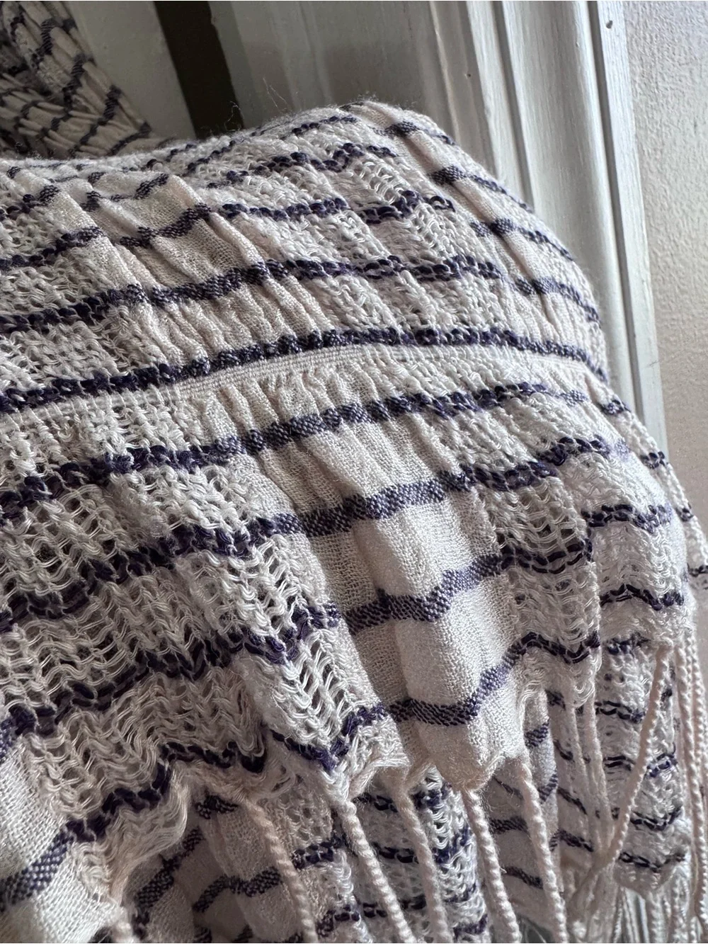 Cream and Navy Blue Striped Textured Women's Fringe Scarf